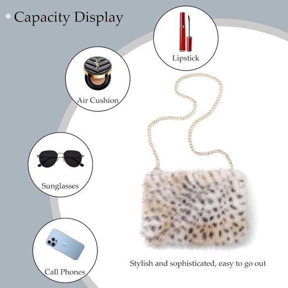 Faux Fur Crossbody Bag Women Small Shoulder Purse Zipper Detachable Chain - Picture 4 of 6